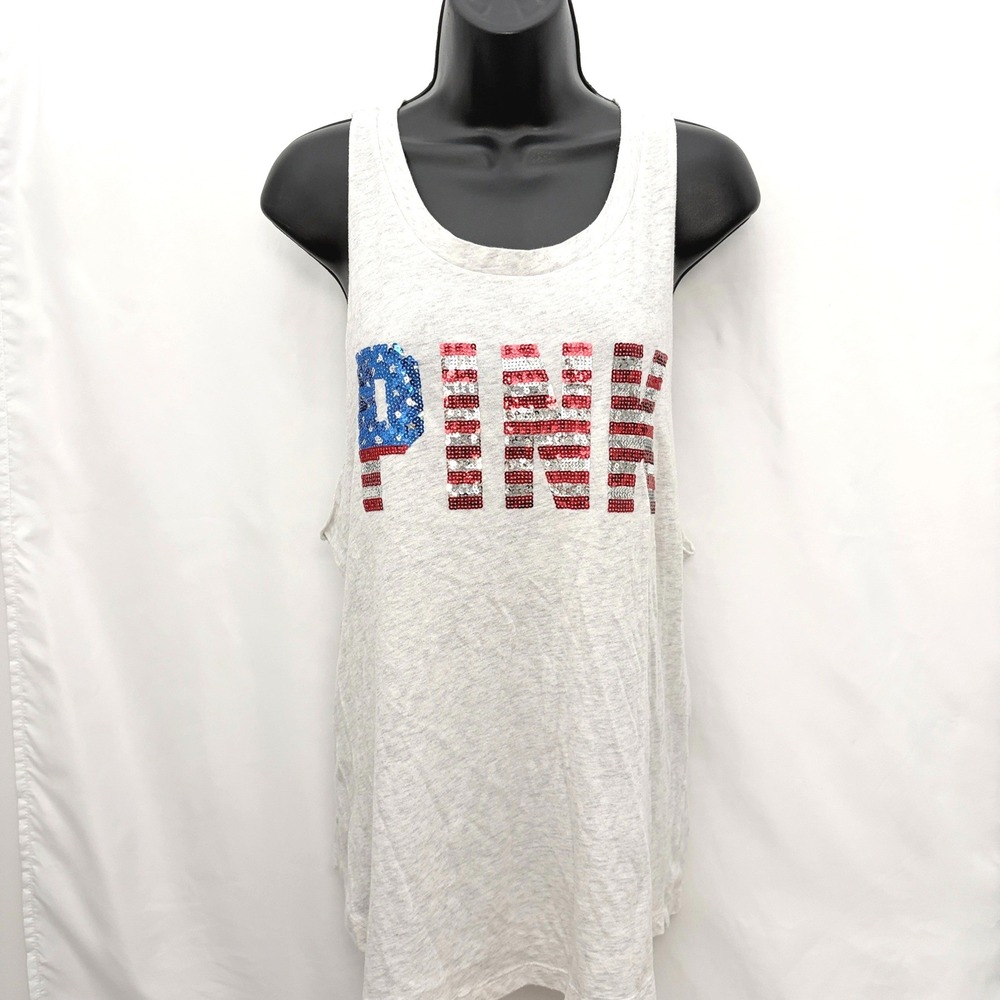 PINK Victoria's Secret Tank Top Sequin American Flag Logo Large Gray